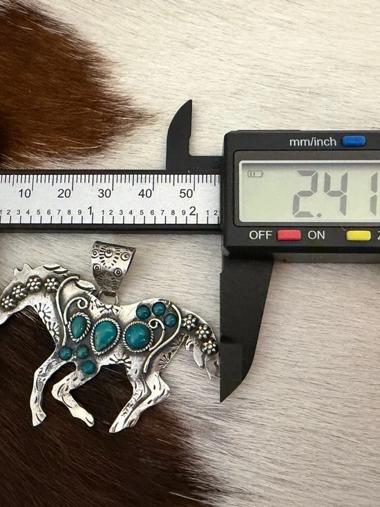 ❤️Kingman Turquoise Sterling Hand Stamped Statement Running Horse Pendant 2.41”W - Picture 10 of 12